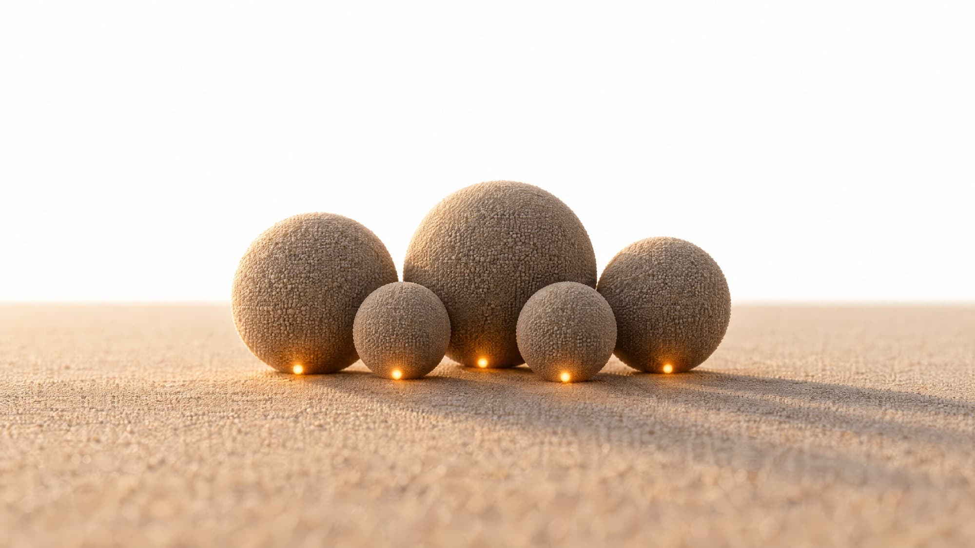 Five sand spheres of different sizes standing close together on a plain, each with a small light at its base